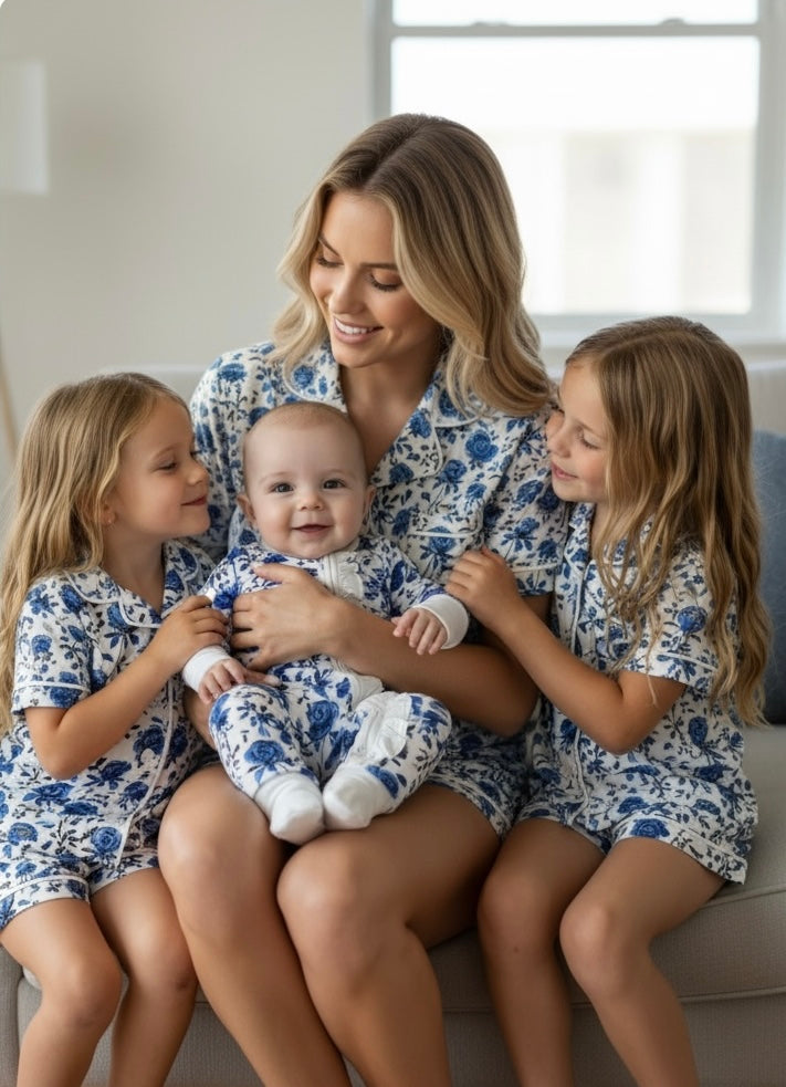 “Blue Line Roses” Two Piece Button Up Loungewear, Shorts