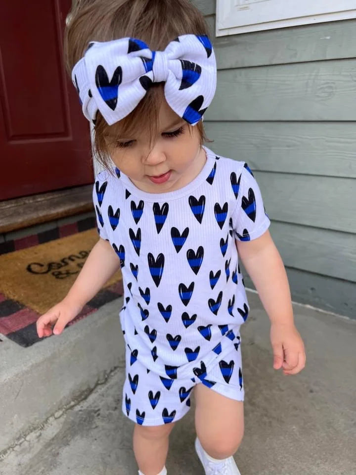 “Blue Line Hearts” Ribbed Two Piece Shorts Comfy Cozies