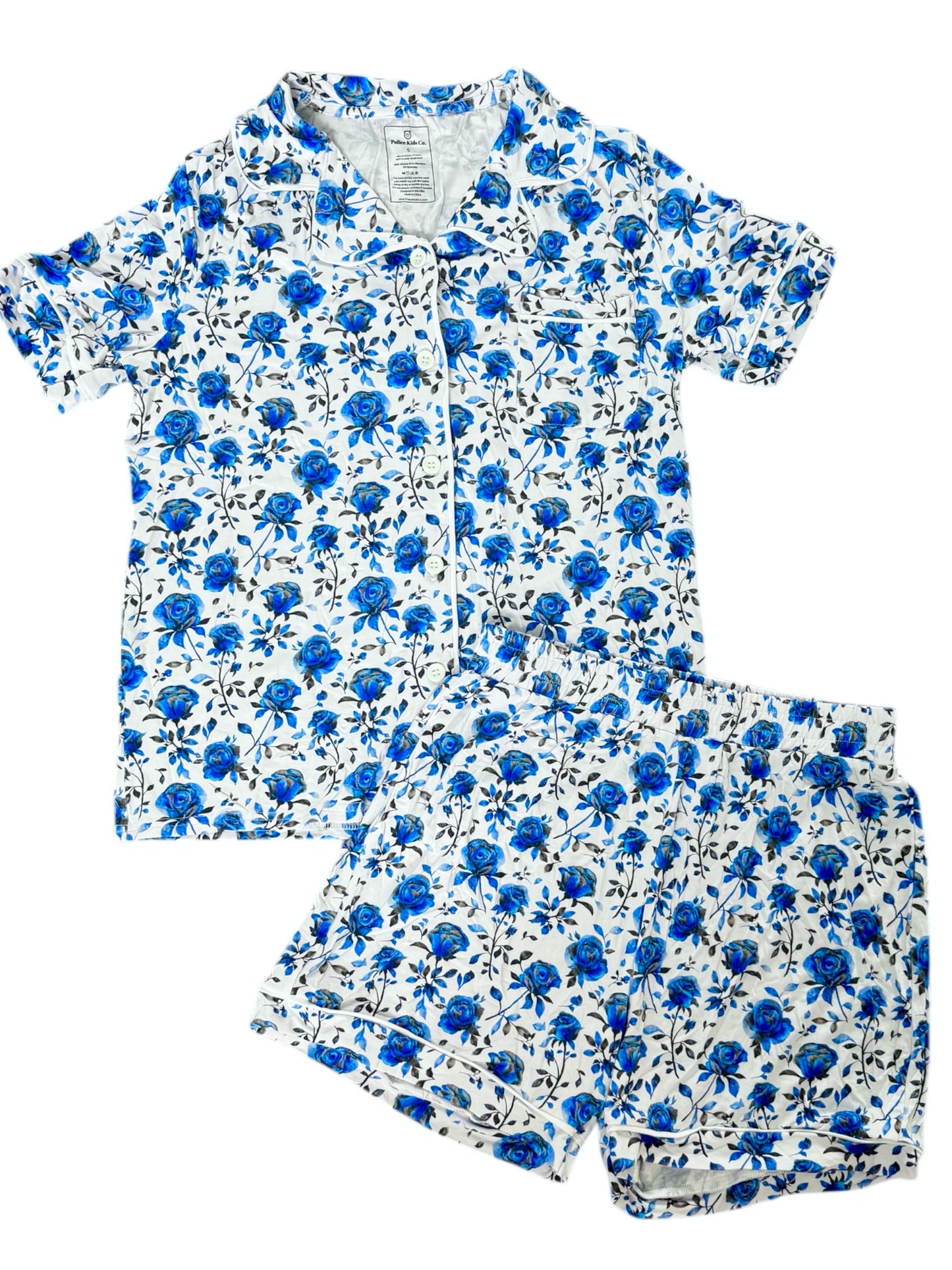 “Blue Line Roses” Women’s Two Piece Button Up Shorts Set
