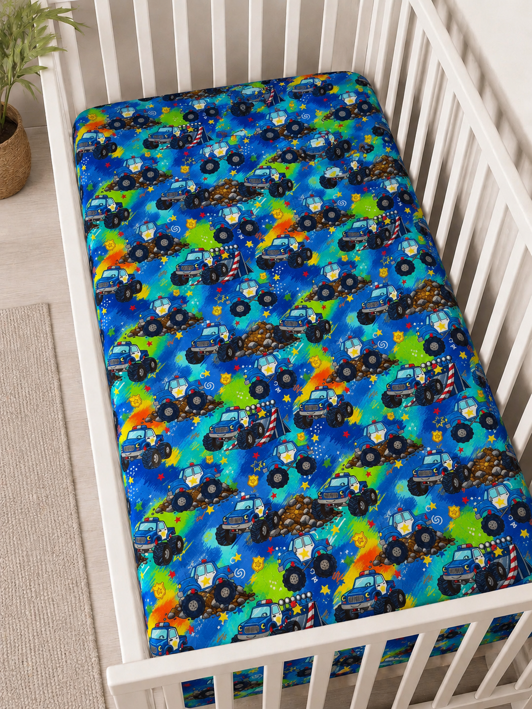 “Monster Truck Pursuit” Fitted Bamboo Crib Sheet - Regular and Mini Crib Size