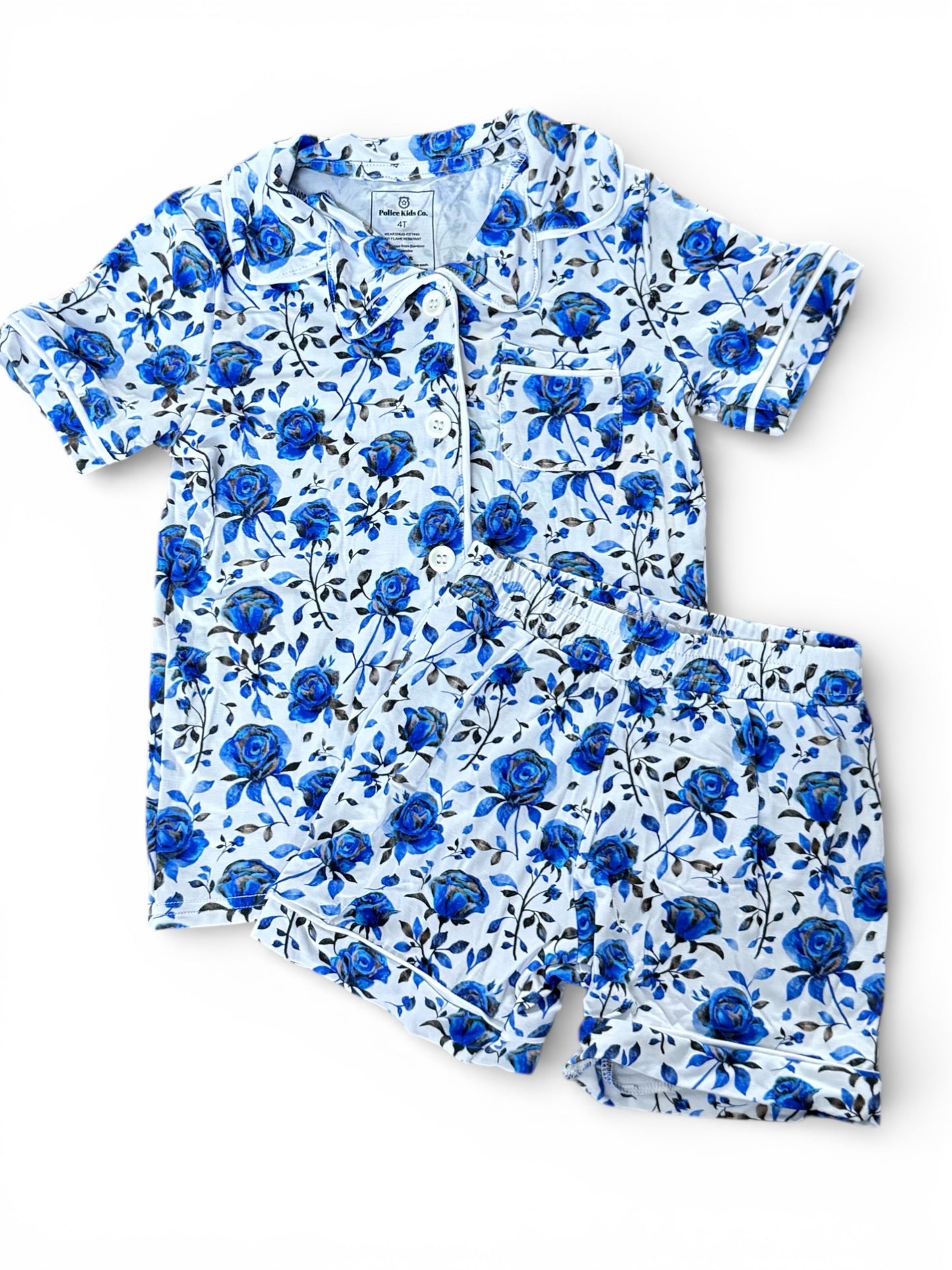 “Blue Line Roses” Two Piece Button Up Loungewear, Shorts