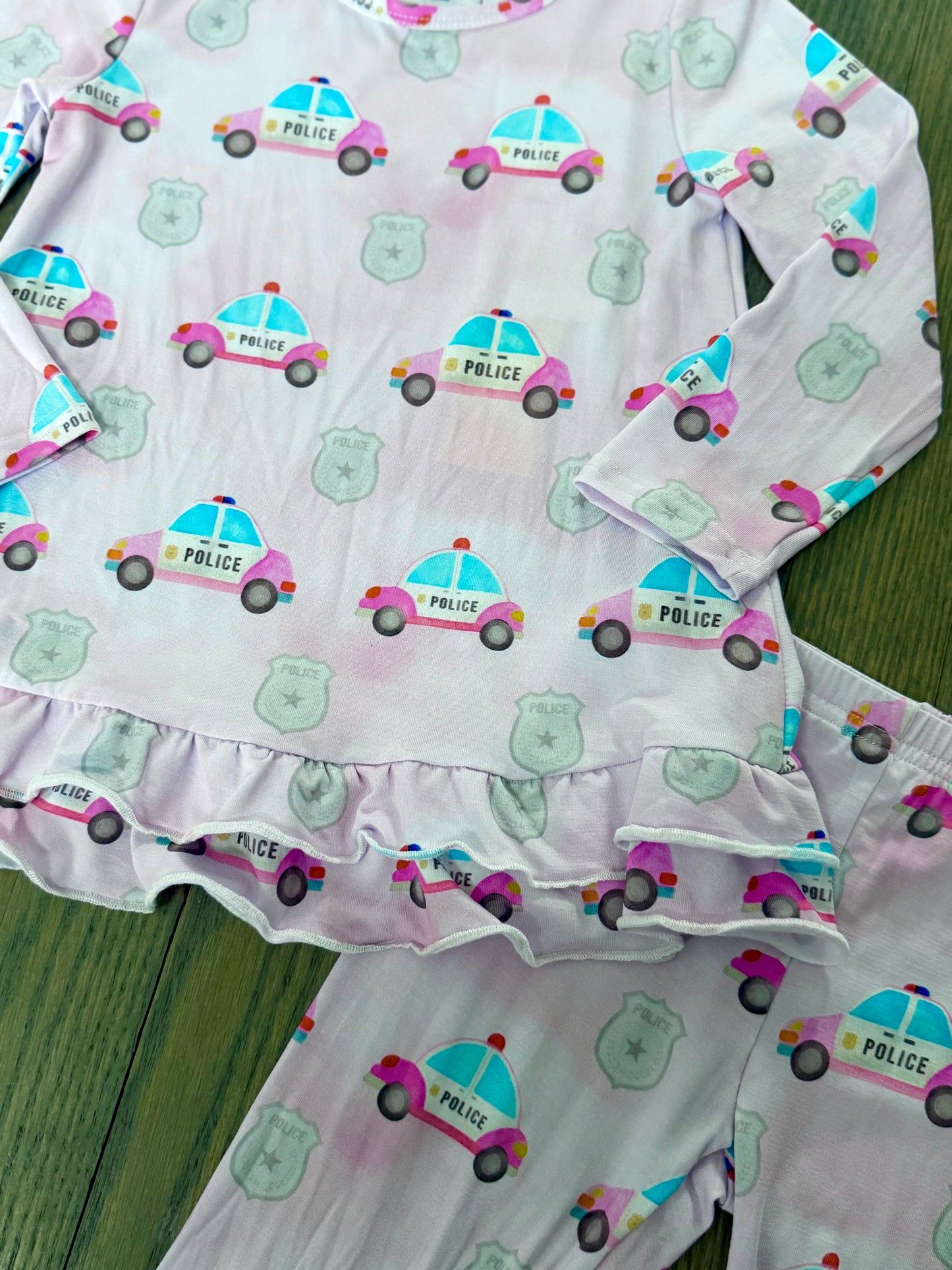 “Pink Police Cars and Badges” Ruffle Long Sleeve Top & Leggings Set