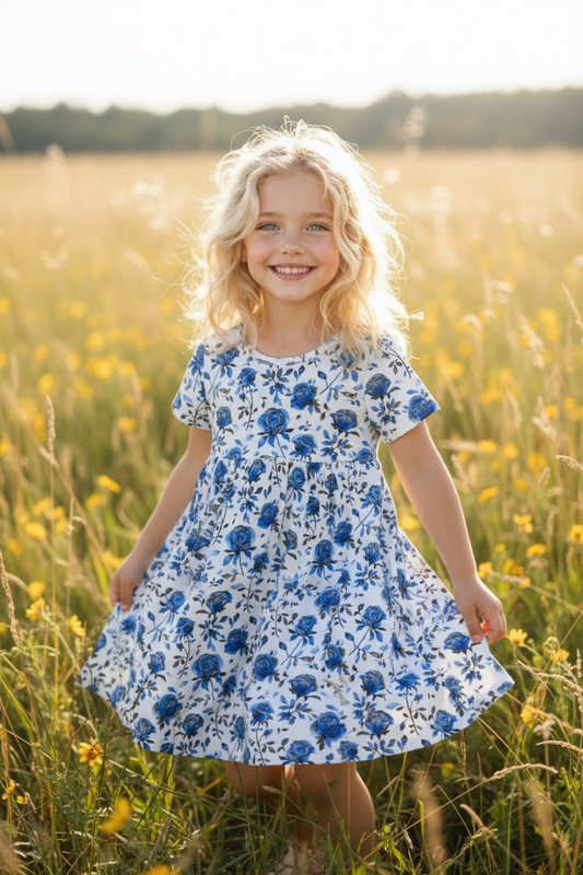 “Blue Line Roses” Twirl Dress