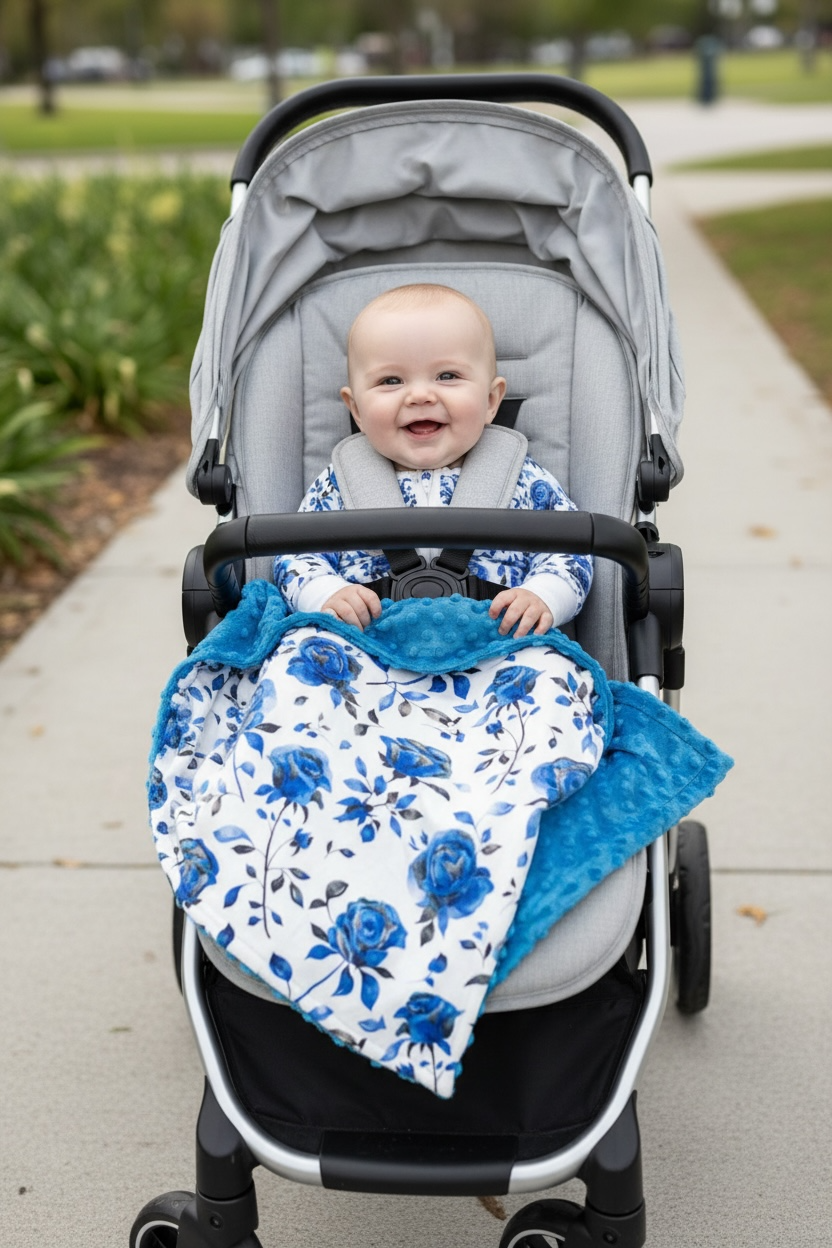 “Blue Line Roses” Minky Blanket - Choose Size!