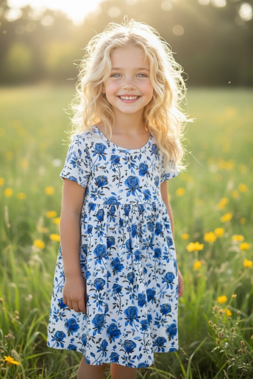 “Blue Line Roses” Twirl Dress