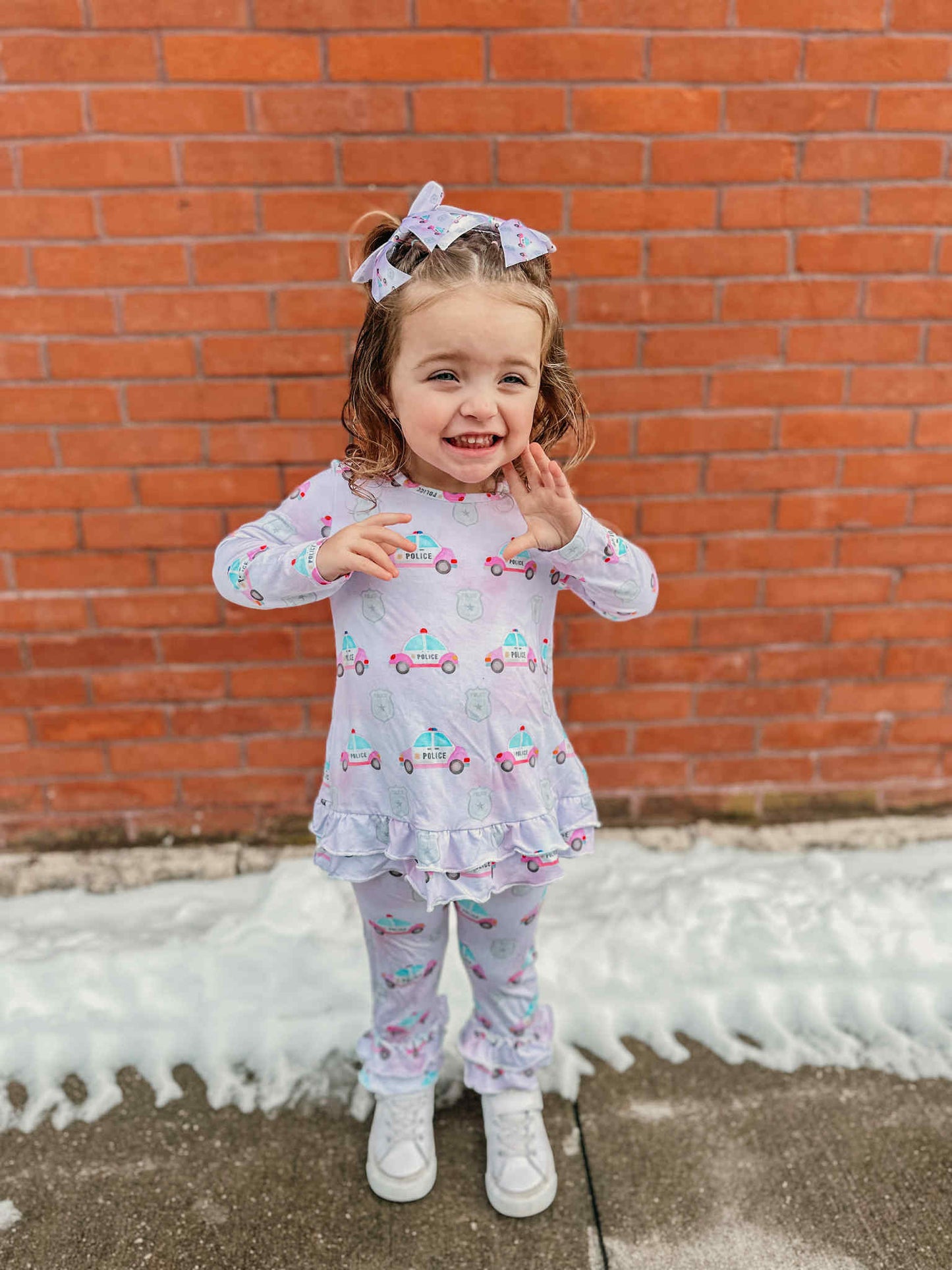 “Pink Police Cars and Badges” Ruffle Long Sleeve Top & Leggings Set