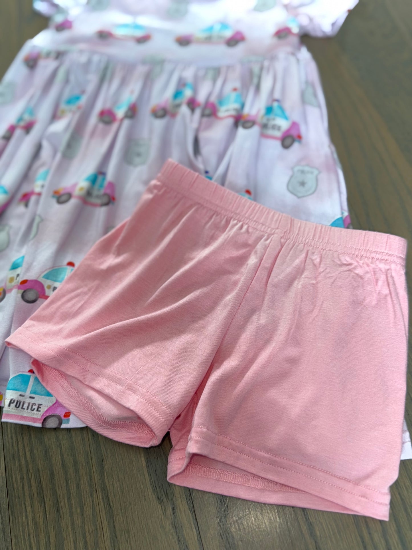 “Pink Police Cars and Badges” Twirl Dress with Biker Shorts