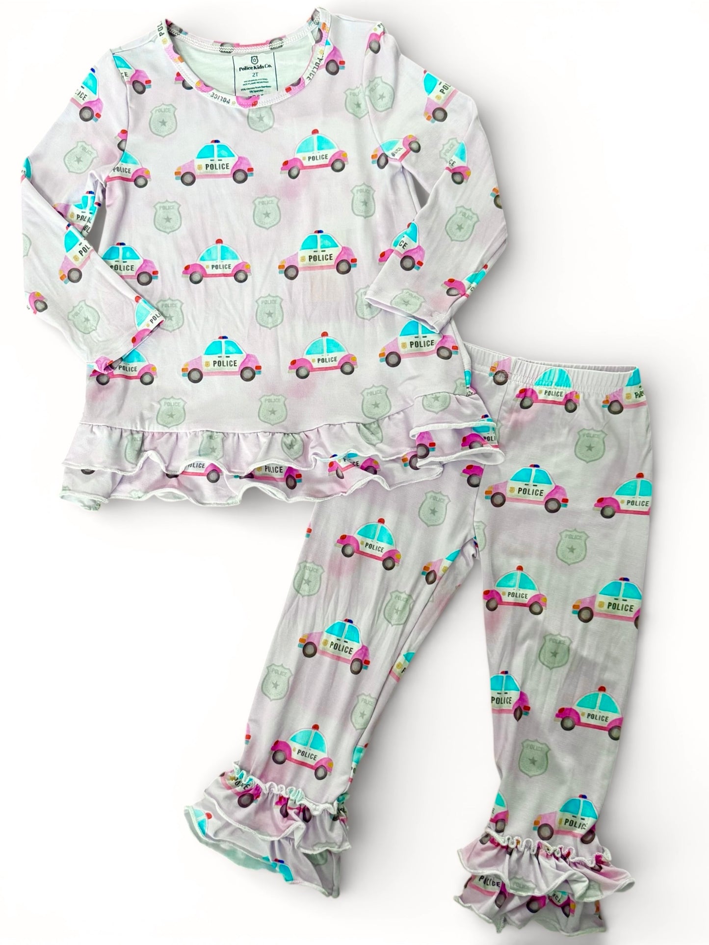 “Pink Police Cars and Badges” Ruffle Long Sleeve Top & Leggings Set