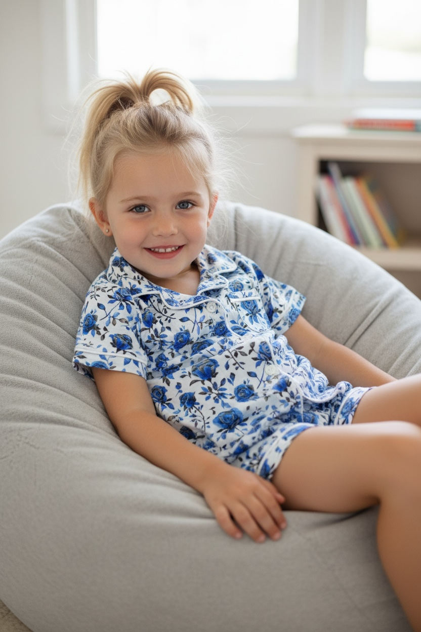 “Blue Line Roses” Two Piece Button Up Loungewear, Shorts