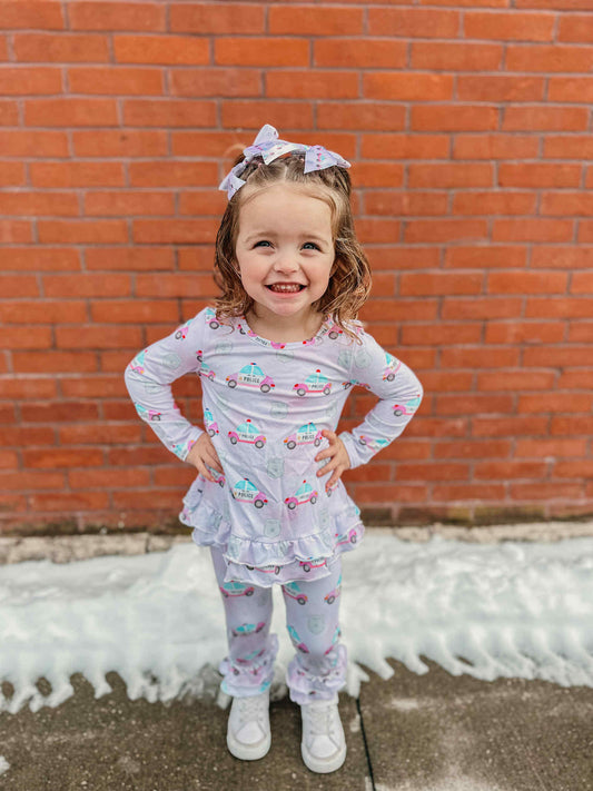 “Pink Police Cars and Badges” Ruffle Long Sleeve Top & Leggings Set