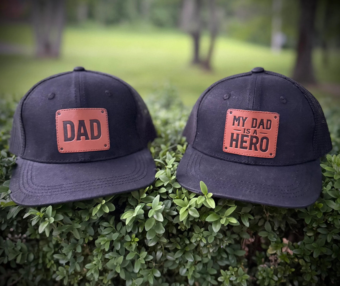 "Dad & My Dad is a Hero" Matching Waxed Cotton Trucker Hats