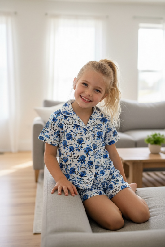 “Blue Line Roses” Two Piece Button Up Loungewear, Shorts