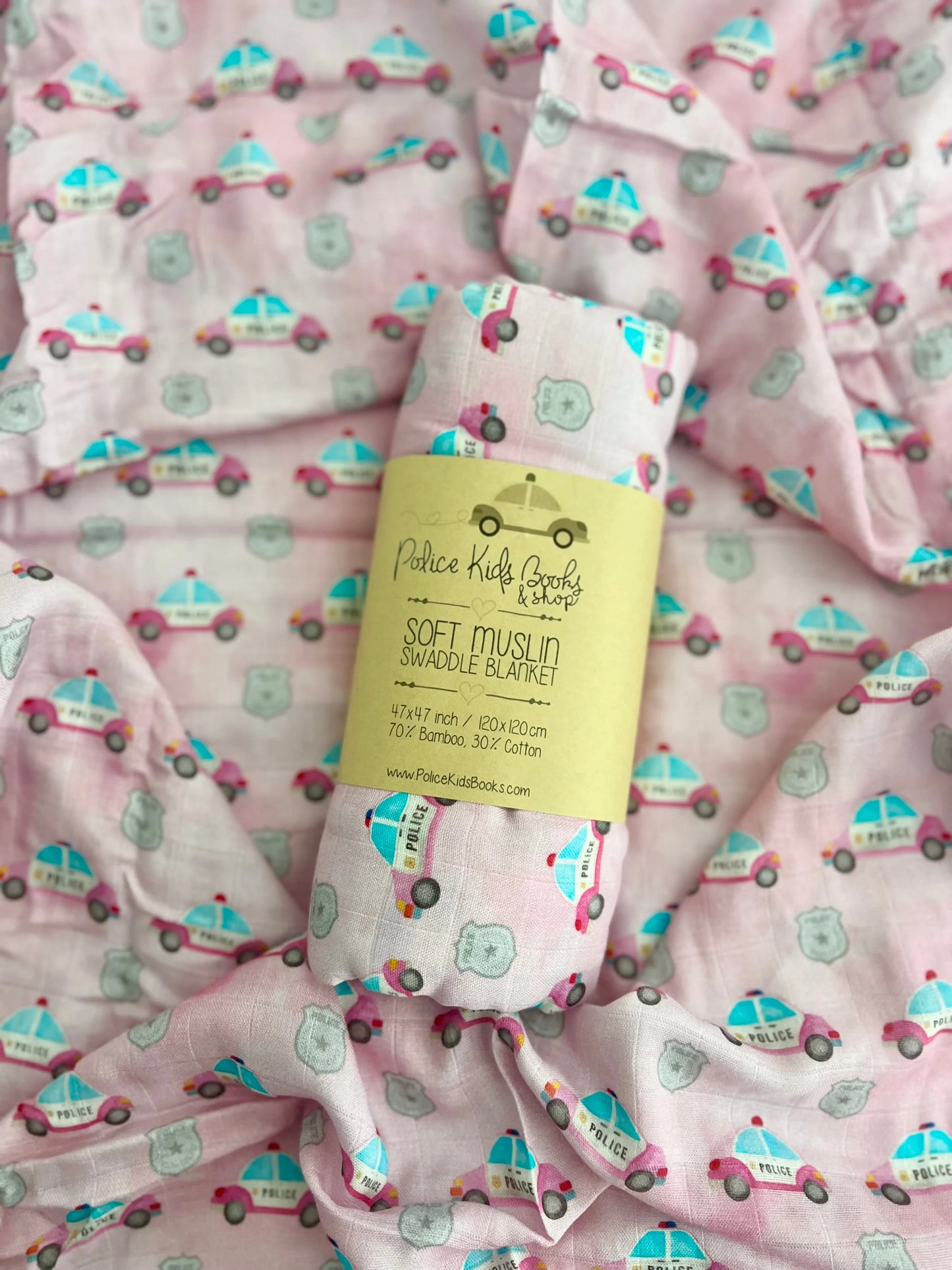 Pink Police Cars and Badges Bamboo Muslin Swaddle
