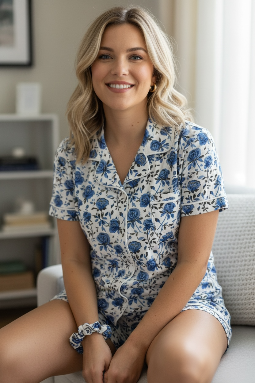 “Blue Line Roses” Women’s Two Piece Button Up Shorts Set