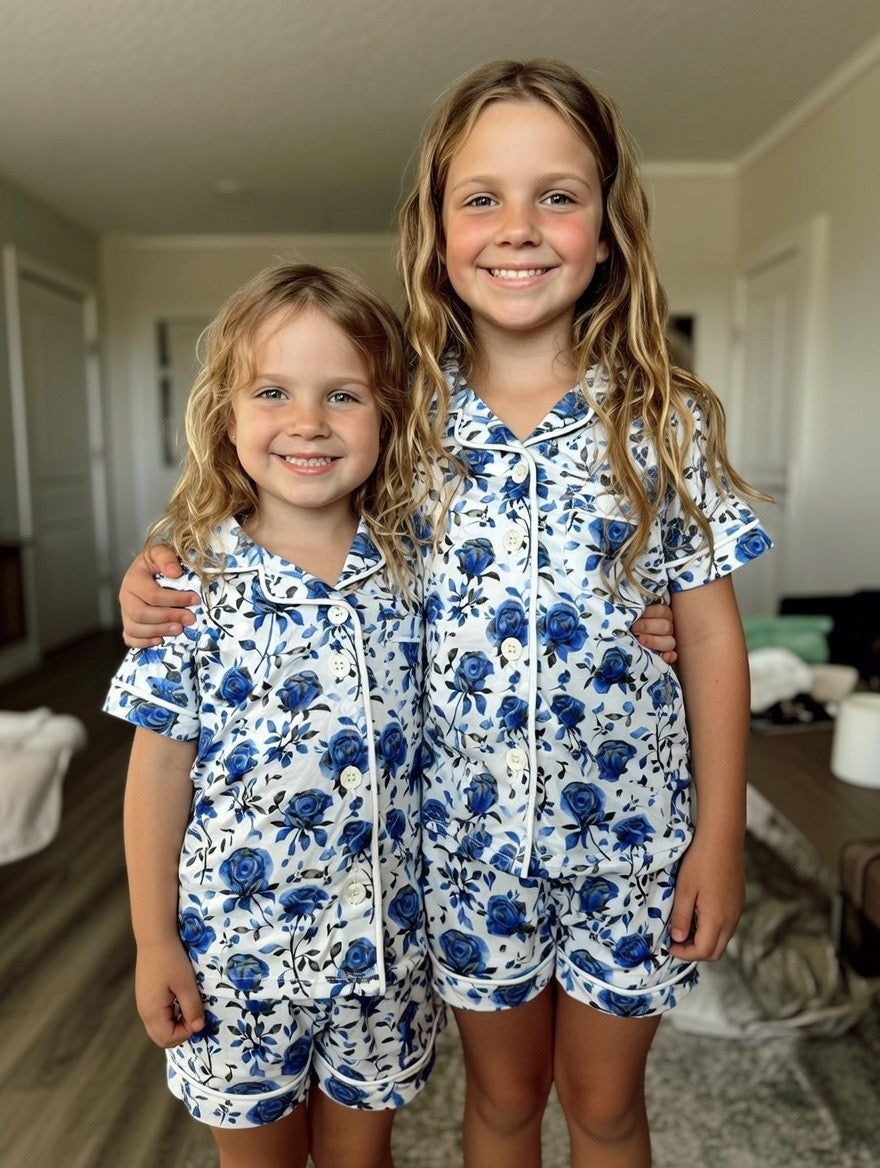 “Blue Line Roses” Two Piece Button Up Loungewear, Shorts