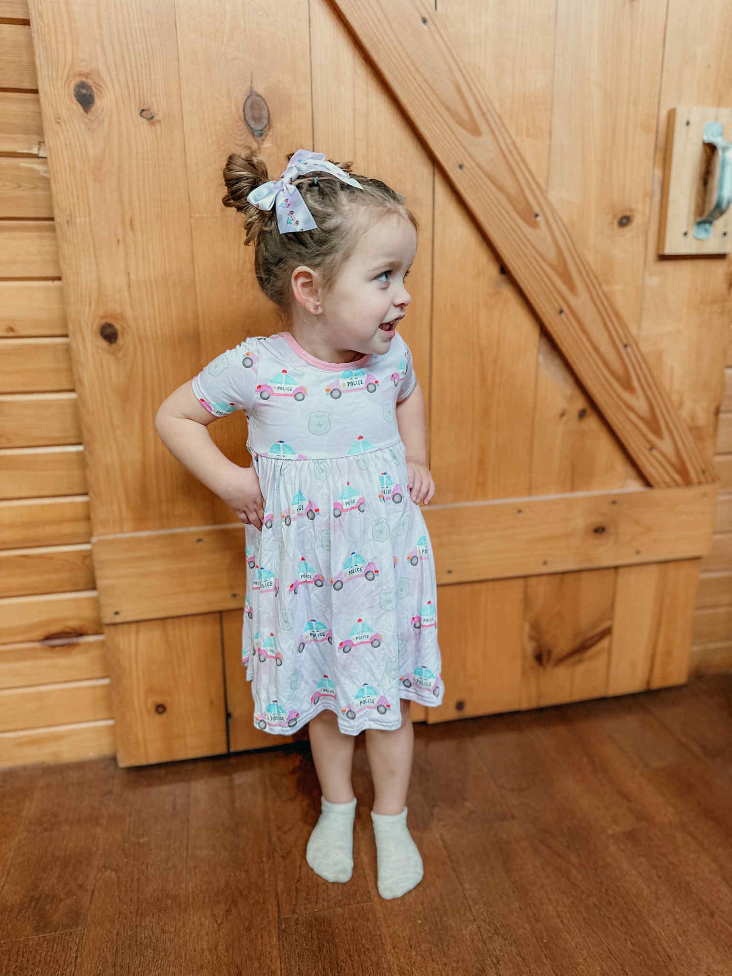 “Pink Police Cars and Badges” Twirl Dress with Biker Shorts