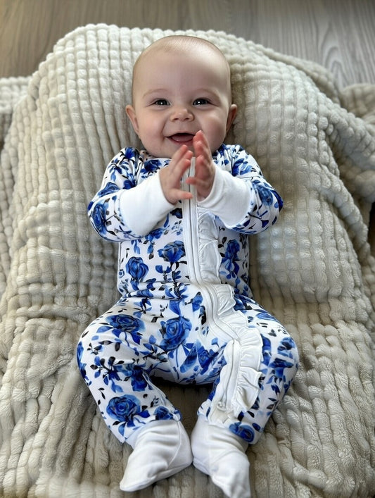 “Blue Line Roses" Ruffle Zip-Up Comfy Cozies