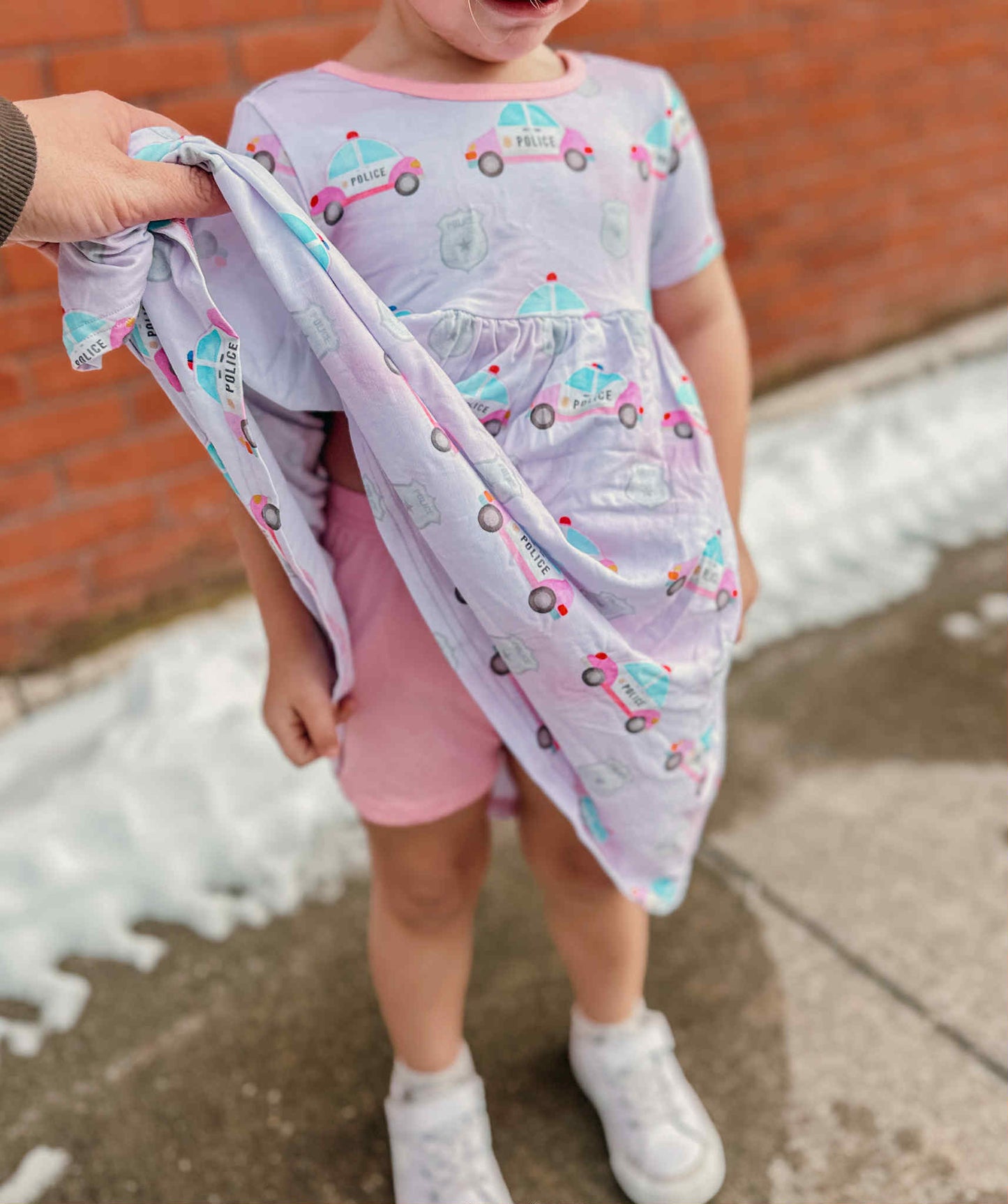 “Pink Police Cars and Badges” Twirl Dress with Biker Shorts