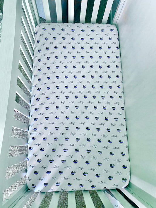 Thin Blue Love Fitted Bamboo Crib Sheet