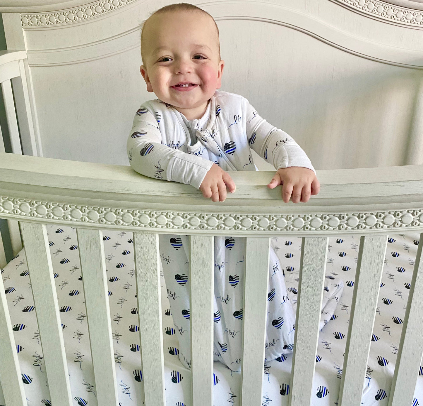 Thin Blue Love Fitted Bamboo Crib Sheet