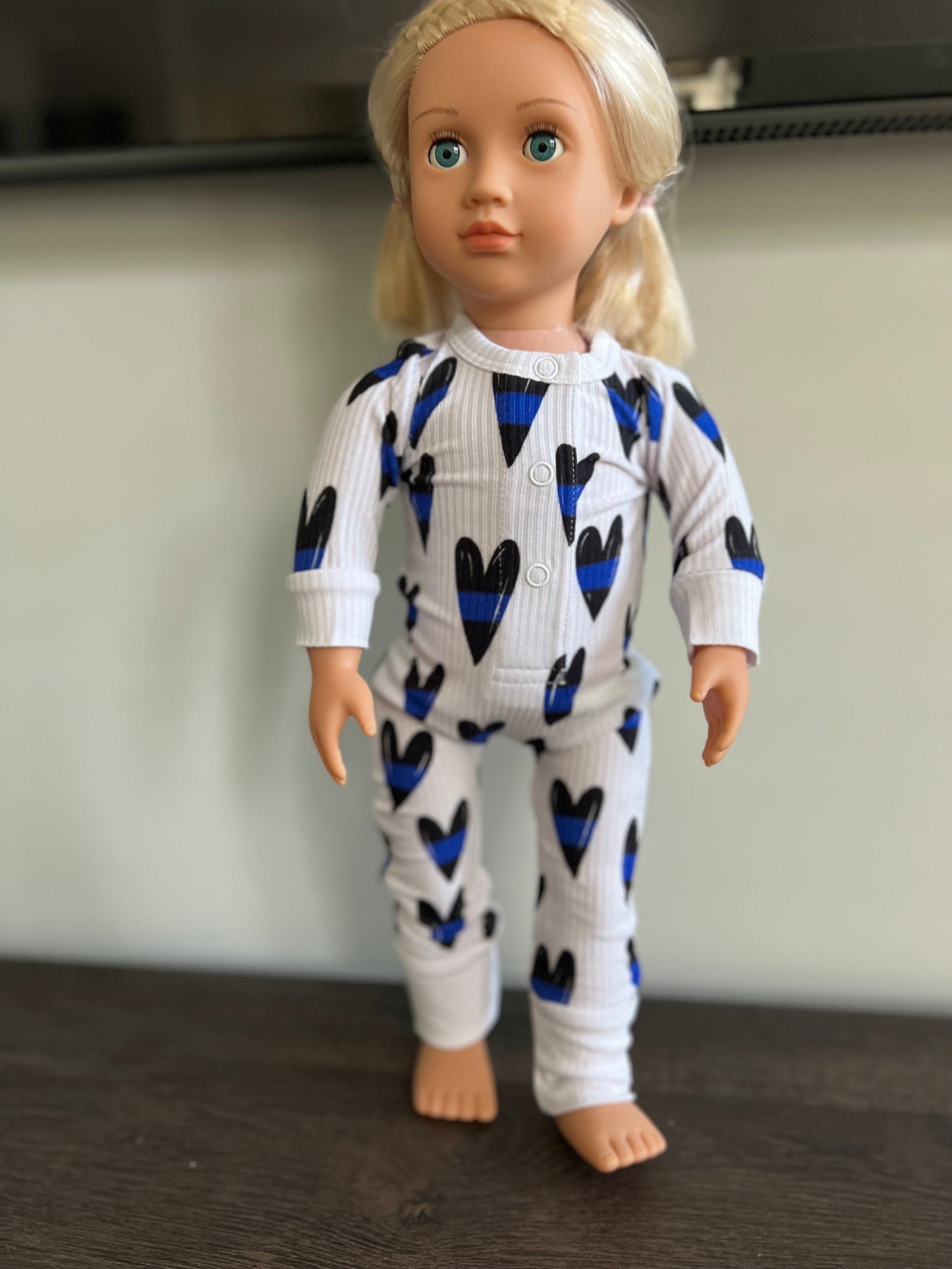 “Blue Line Hearts” DOLL Comfy Cozies Romper