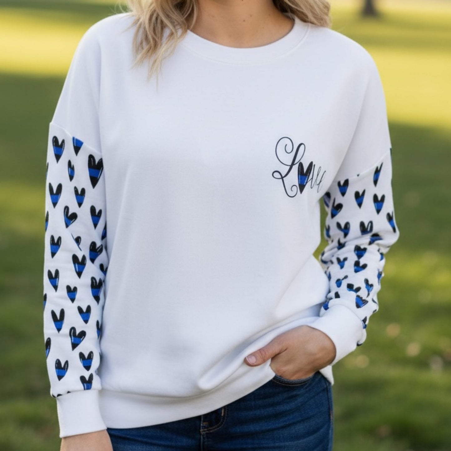 Women's “Blue Line Hearts” Love Crewneck Sweatshirt