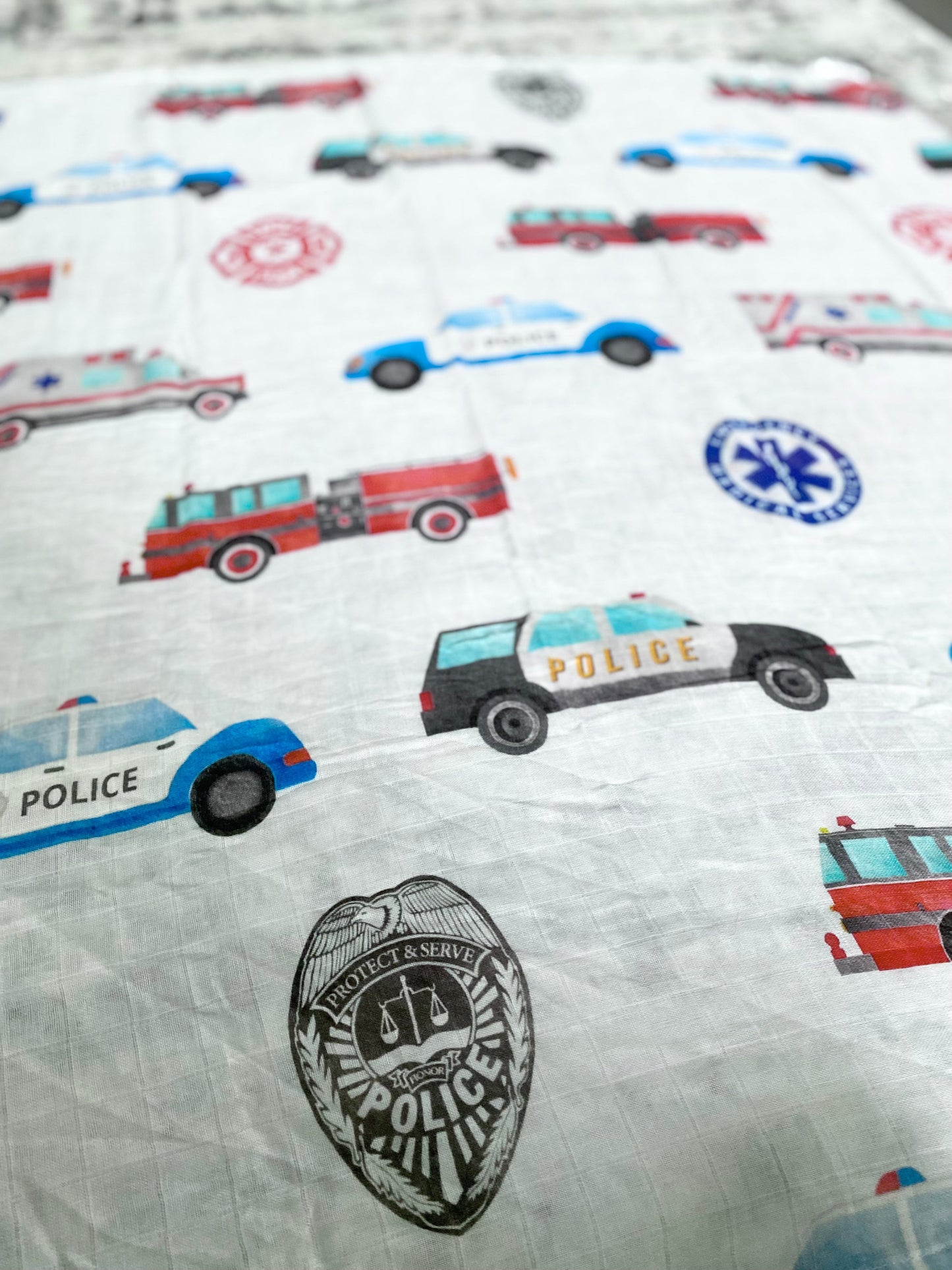 First Responder Cars and Badges Bamboo Muslin Swaddle