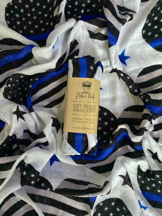 Thin Blue Sweethearts and Stars Bamboo Muslin Swaddle