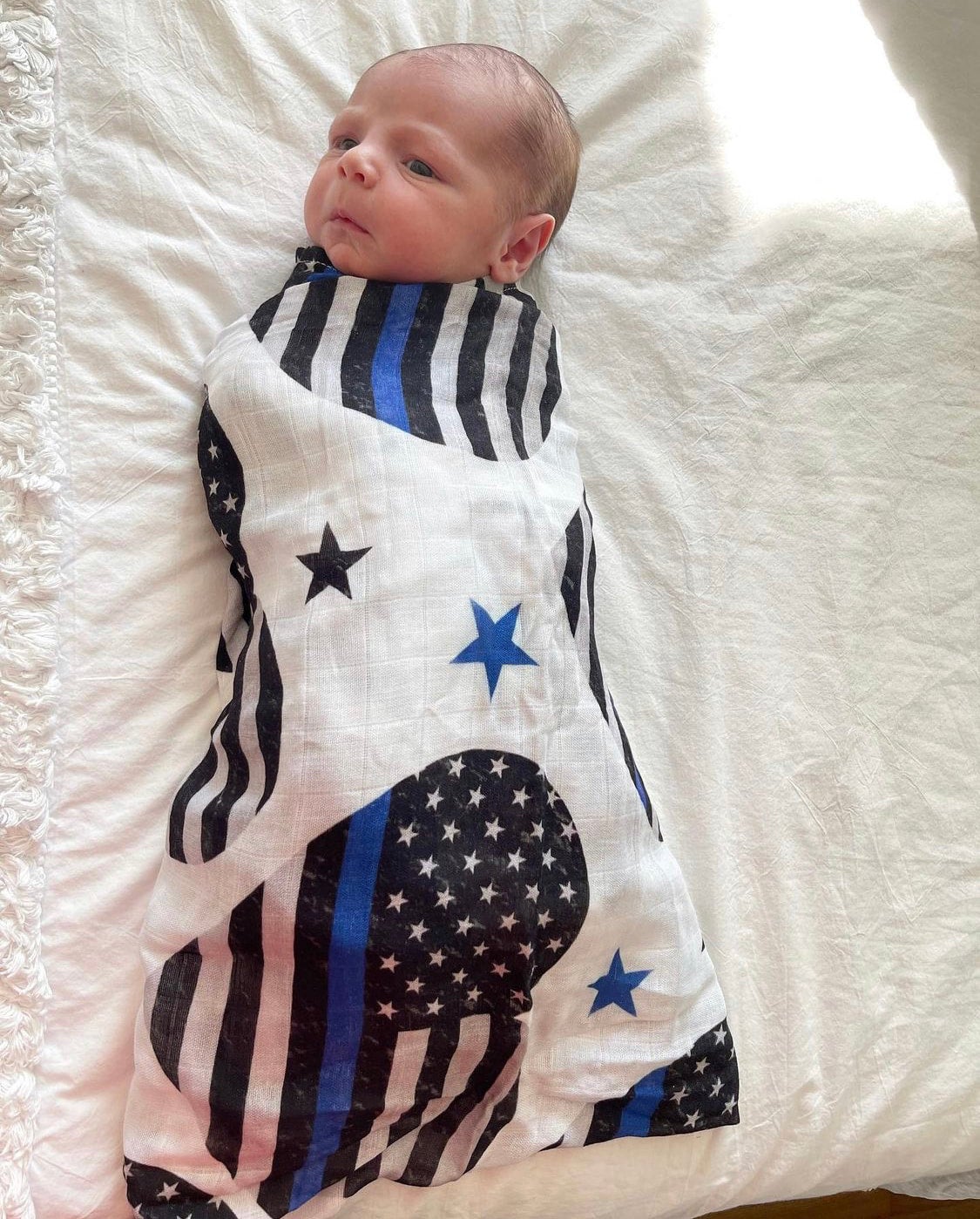 Thin Blue Sweethearts and Stars Bamboo Muslin Swaddle