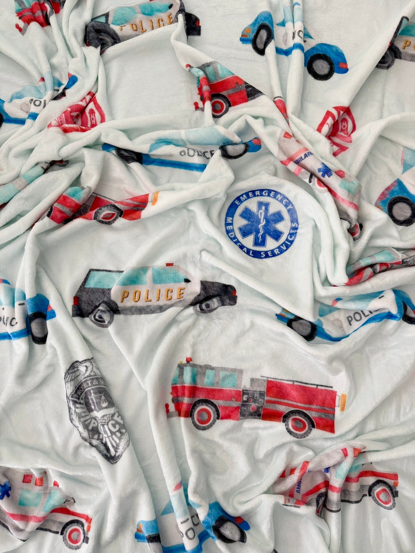 "First Responder Cars and Badges" 60x60” Fleece Cuddle Blanket