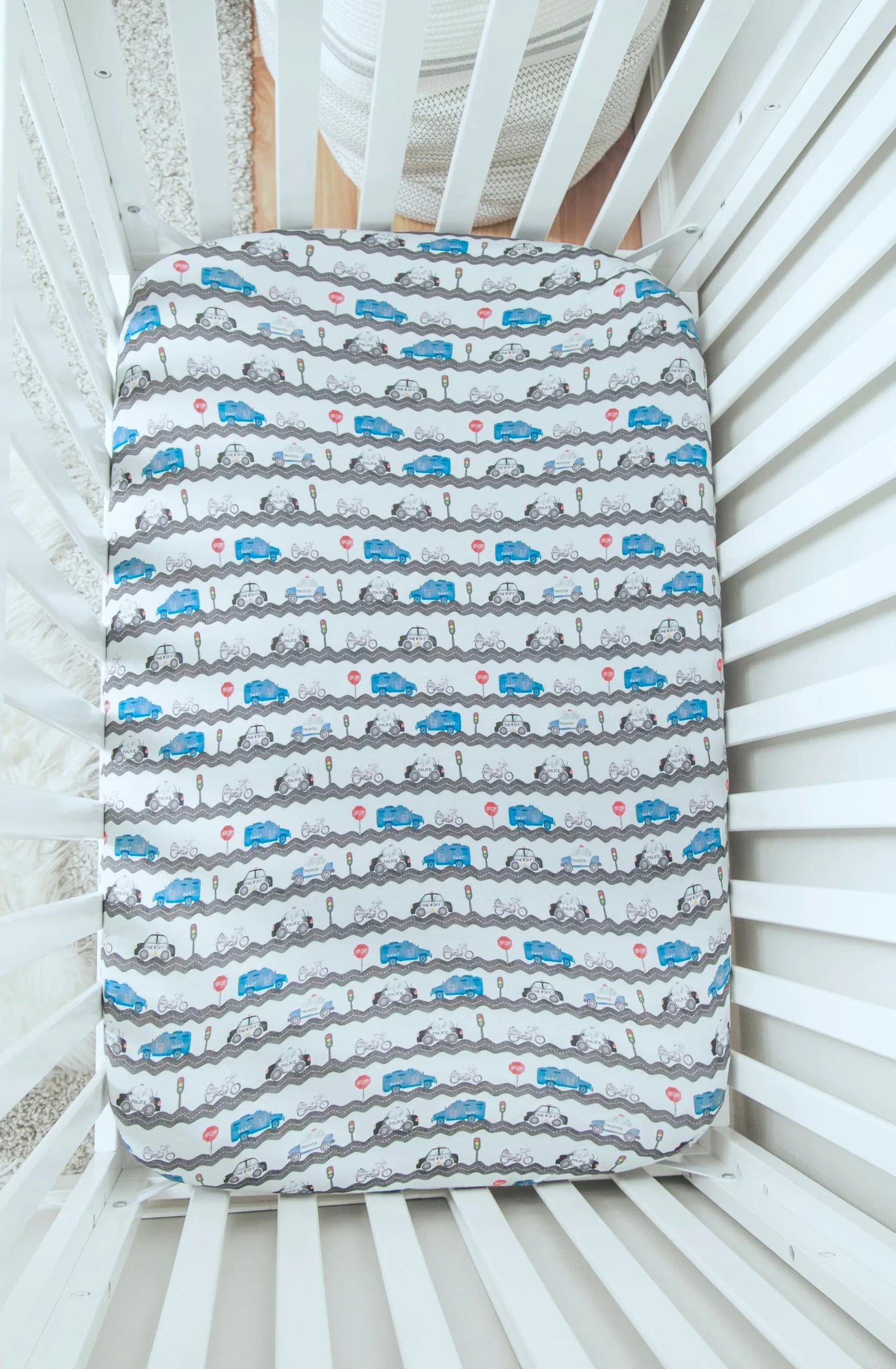 Mini Crib “Road Patrol”  Fitted Bamboo Mini Crib/Pack and Play/Changing Pad Sheet