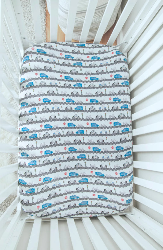 Mini Crib “Road Patrol”  Fitted Bamboo Mini Crib/Pack and Play/Changing Pad Sheet