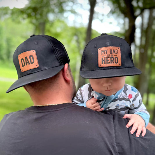"Dad & My Dad is a Hero" Matching Waxed Cotton Trucker Hats