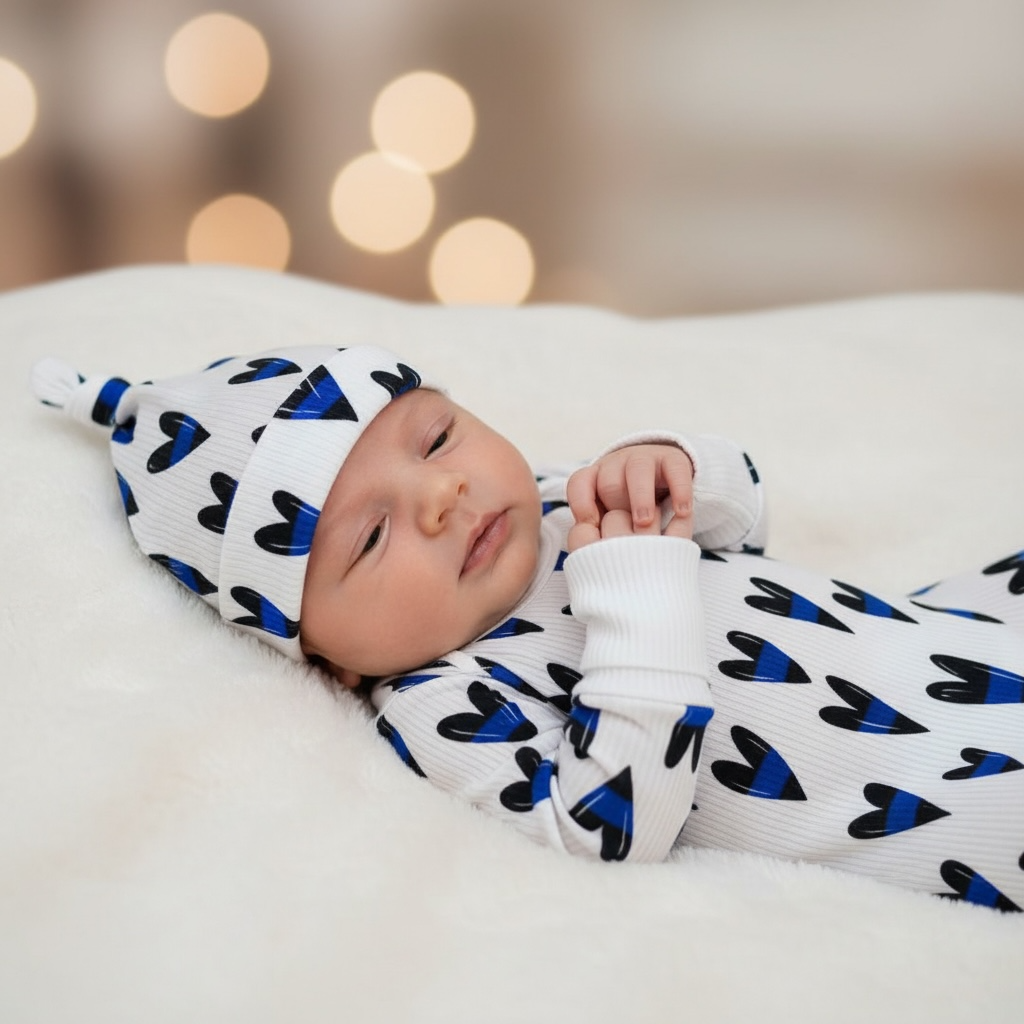 “Blue Line Hearts” Knotted Hat