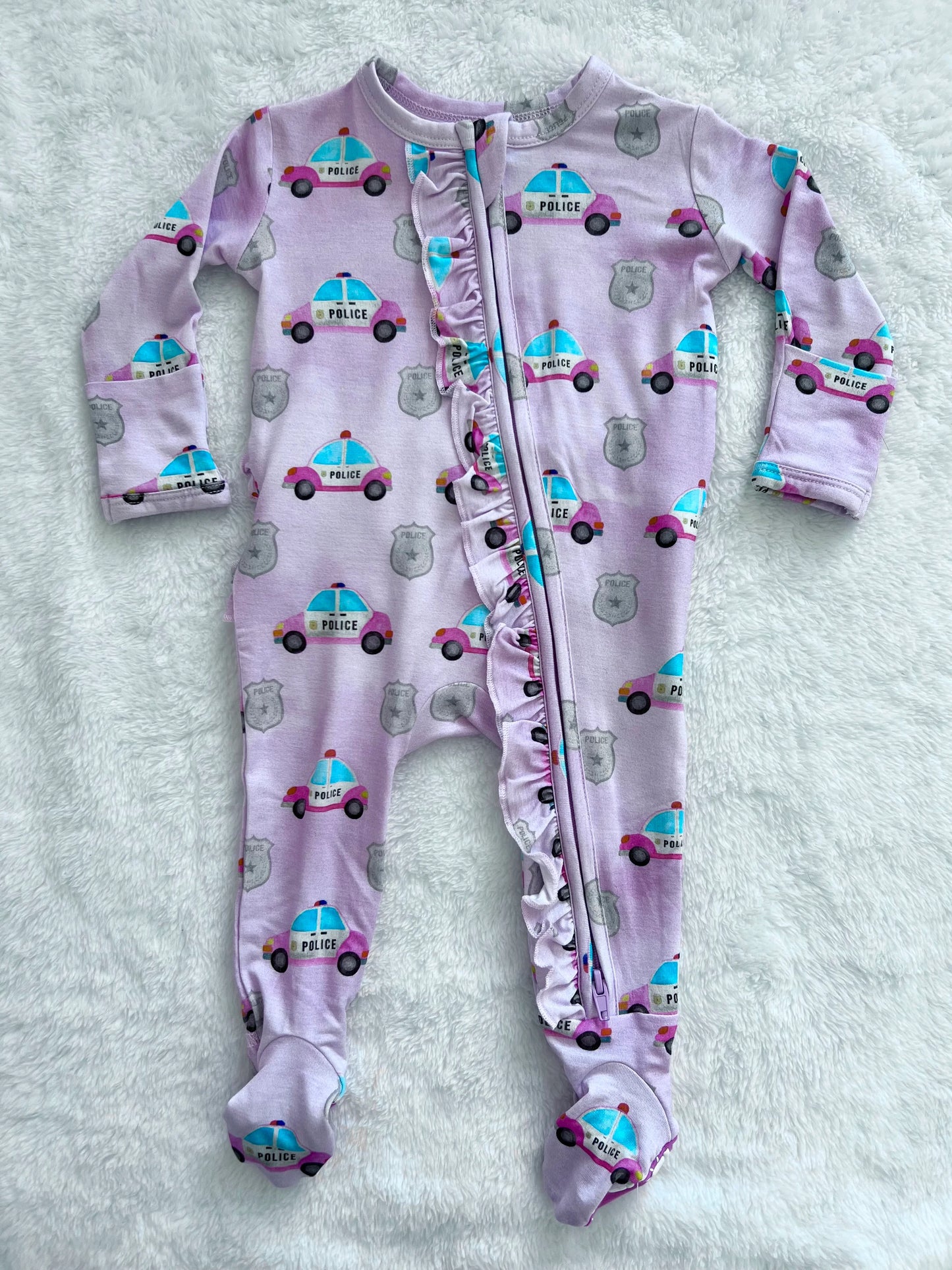 "Pink Police Cars and Badges" Comfy Cozies Ruffle Zip-Up Footie