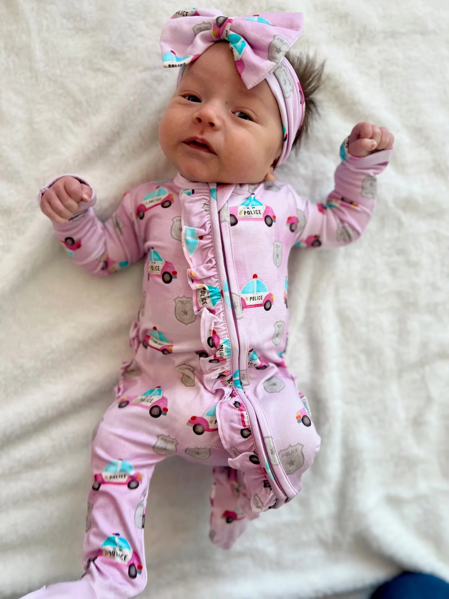 "Pink Police Cars and Badges" Comfy Cozies Ruffle Zip-Up Footie